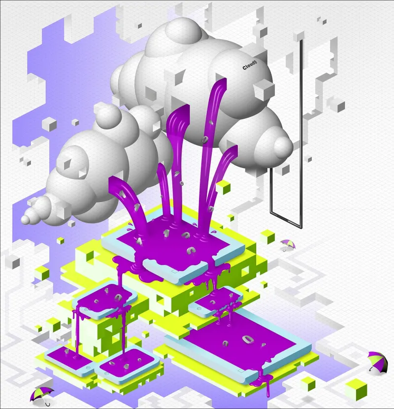 Isometric illustration of a cloud pouring liquid into building and dripping down. Illustration by Anthony Robinson, Conceptual, Decorative, Business, Whimsical,