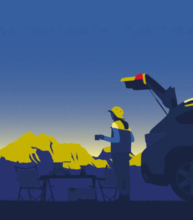 Graphic illustration of a woman camping out of her car, drinking coffee and looking at the mountains. Illustration by Federico Gastaldi, Figurative, Lifestyle, Nature,