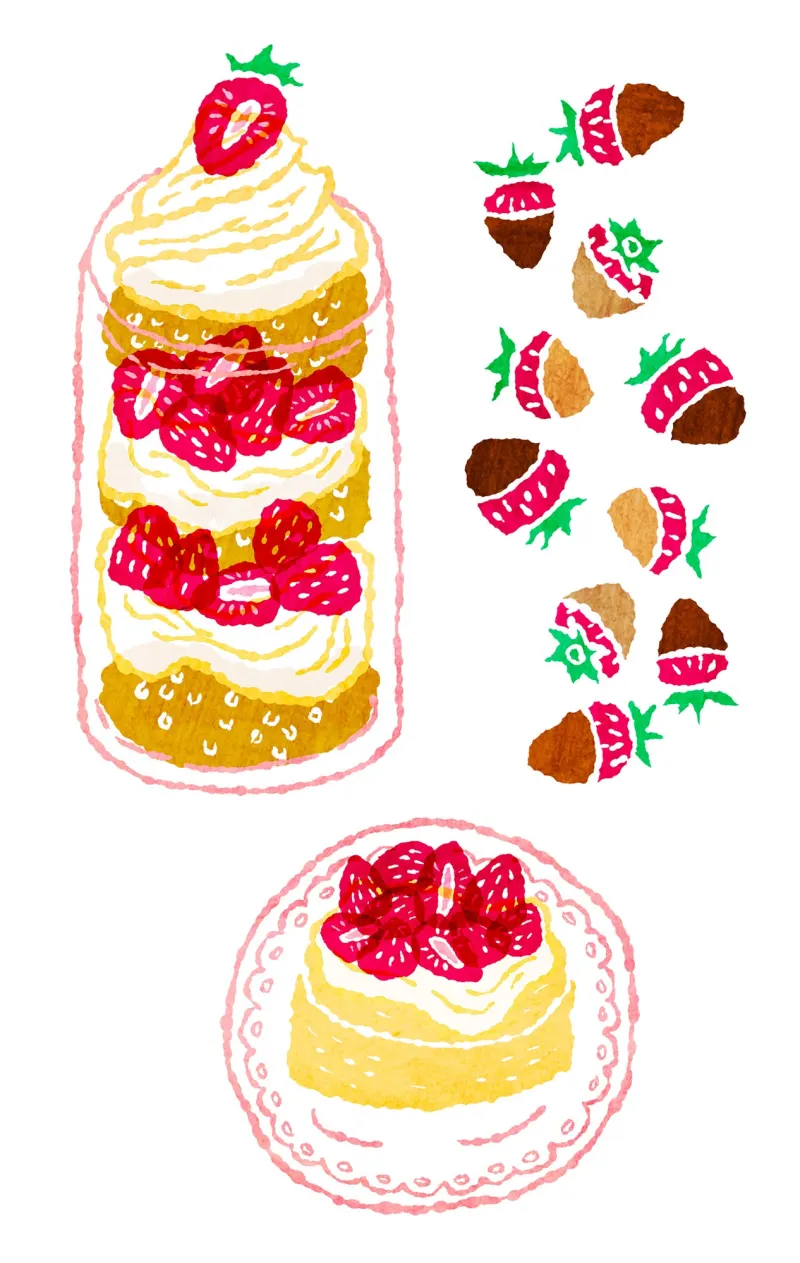Whimsical illustration of strawberry desserts. Illustration by Shirley Marion, Decorative, Food & Beverage, Whimsical,