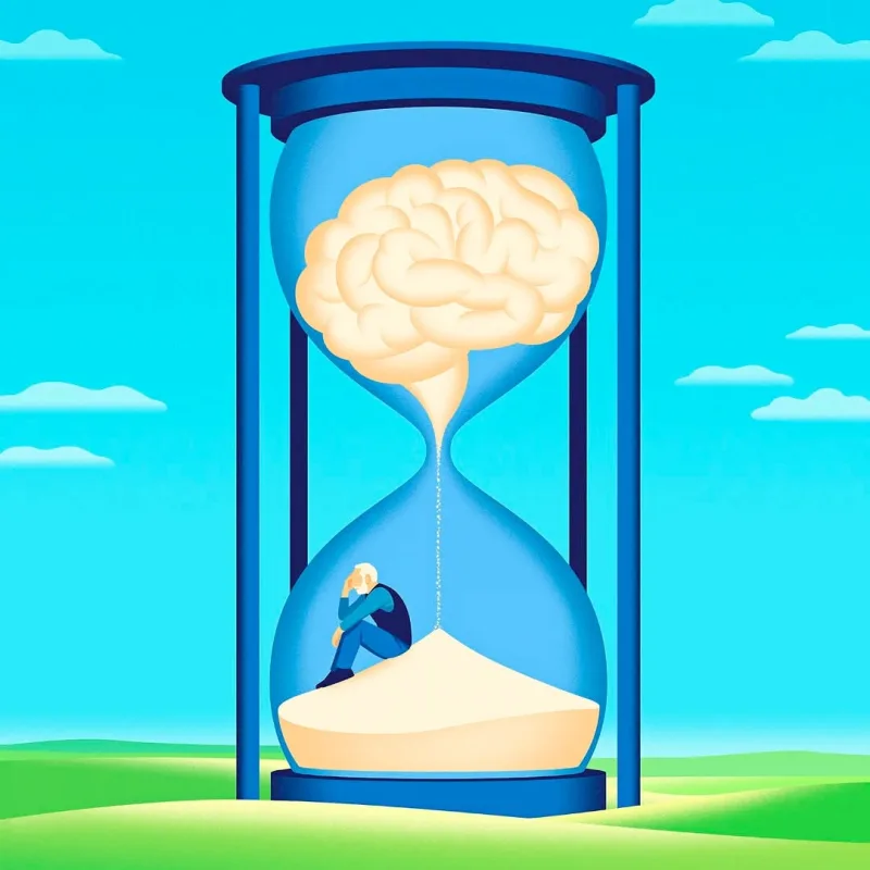 Graphic illustration of a large hourglass with the sand in the top portion is shaped like a brain. In the bottom portion an older man is sitting, hand to the head.. Illustration by Joey Guidone, Conceptual, 