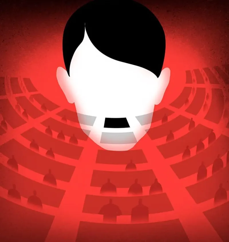 Illustration of a legislature with an overlay of Hitler's silhouette.. Illustration by Davide Bonazzi, Conceptual,