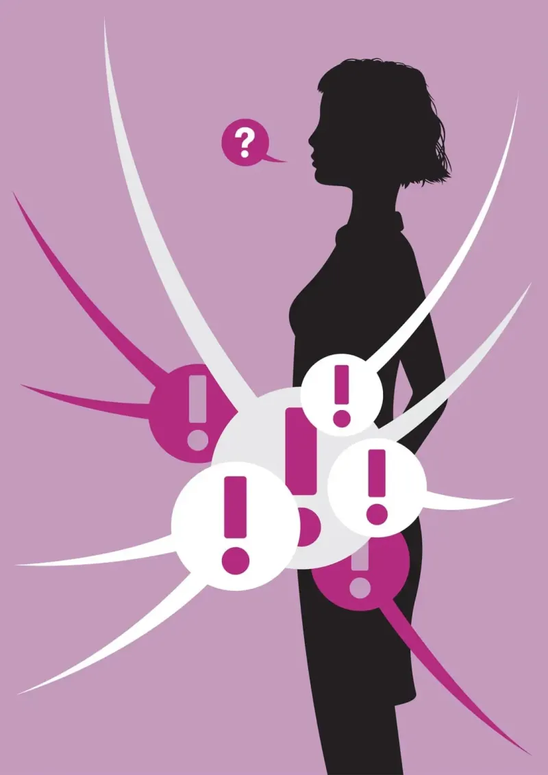 Graphic illustration of a silhouette of a woman speaking with a text bubble with a question mark. And there are multiple text bubbles with exclamation points swooping in around her midsection.. Illustration by Thomas Fuchs, Figurative, Conceptual,