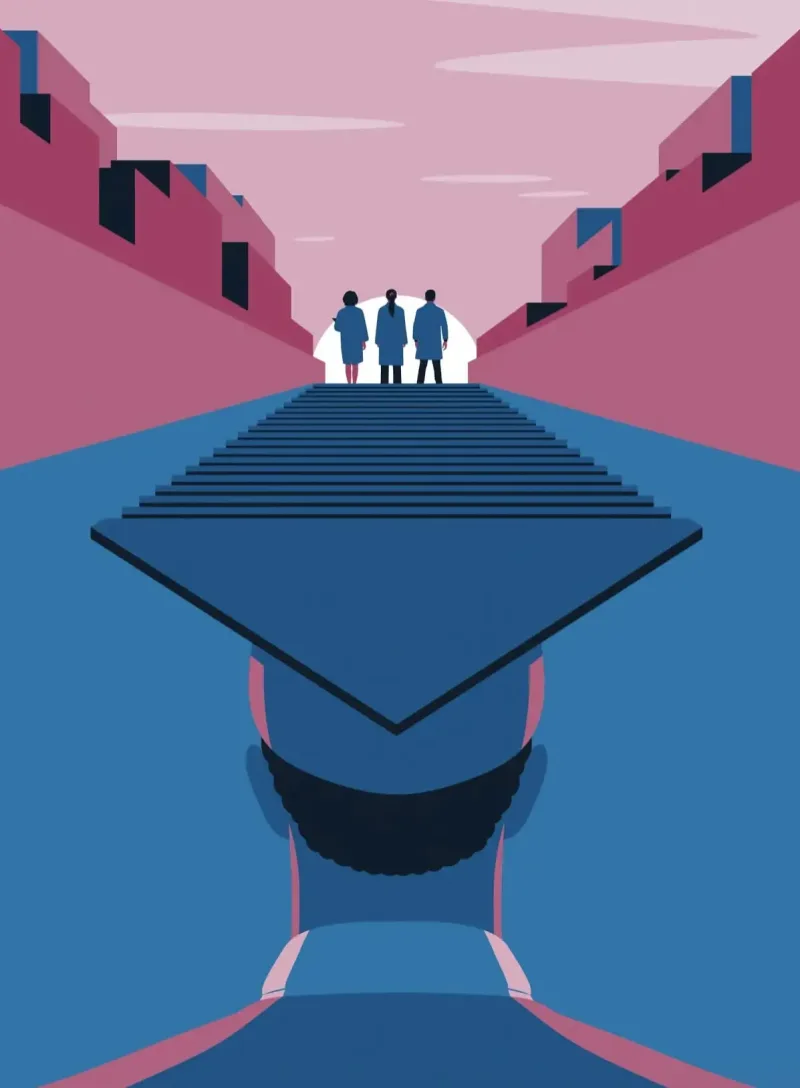Graphic illustration of a graduate looking into the horizon wearing a mortarboard, that is morphed into stairs with people walking on it.. Illustration by Federico Gastaldi, Conceptual, 