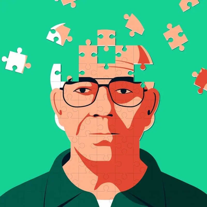 Graphic illustration of an older man made out of puzzle pieces. The pieces from the top of his head are missing.. Illustration by Beth Goody, Conceptual, 