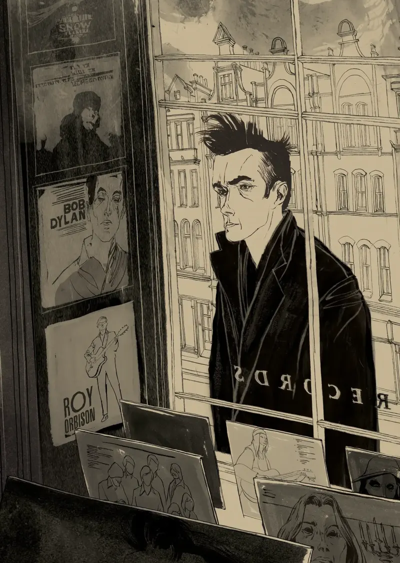Illustration of the singer Morrissey looking through the window of a record shop where there are LPs by Bob Dylan, Roy Orbison and others. Illustration by Lars Henkel, Portrait, Figurative, 