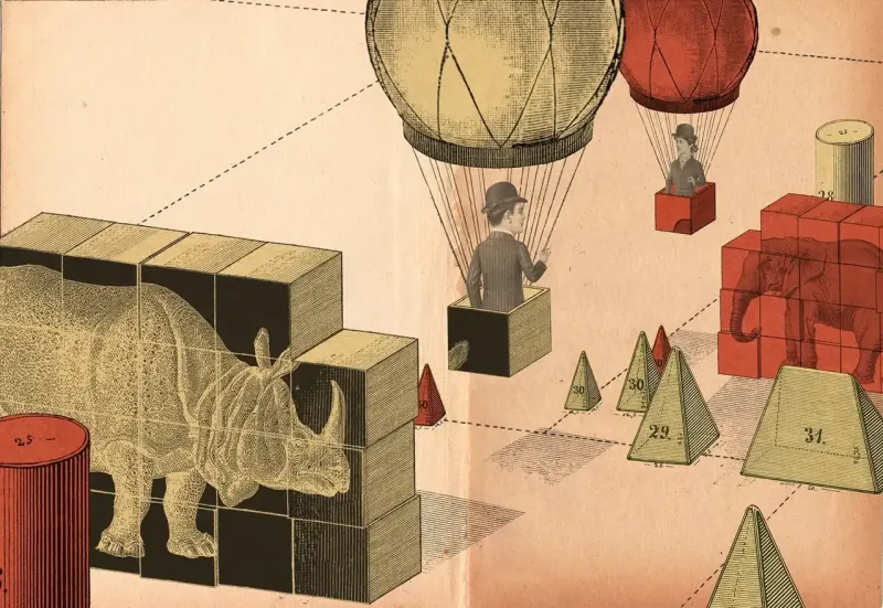 Collaged illustration of two figures in hot air balloons approaching each other.. Illustration by Lars Henkel, Conceptual, Whimsical, 