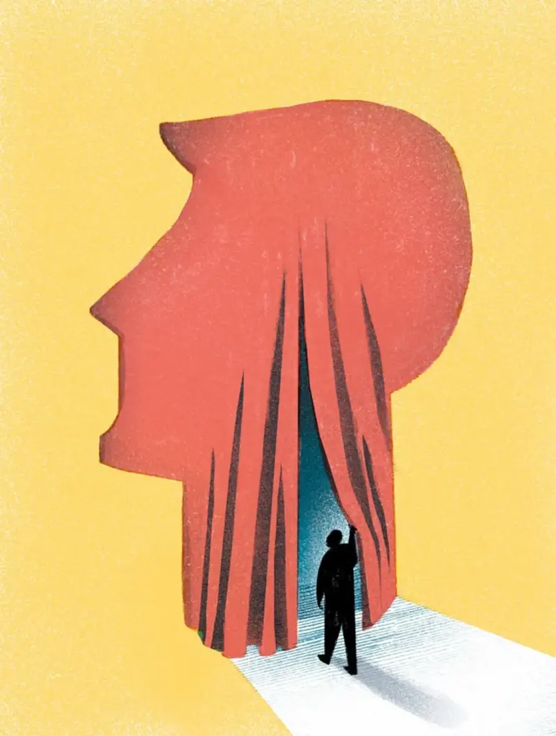 Illustration of a man walking behind a curtain that is in the shape of a man's profile. Illustration by Luisa Jung, Conceptual, 