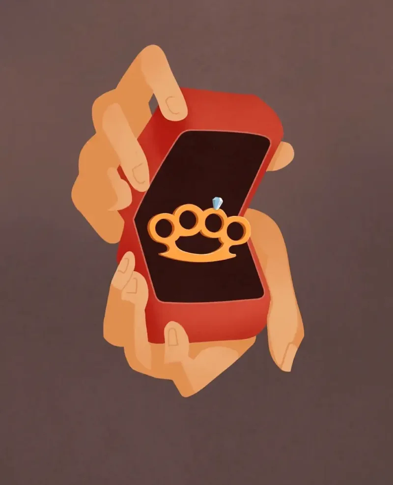 Illustration of hands opening a ring box, inside is a brass knuckle decorated with a single diamond. Illustration by Elia Sampò, Conceptual, Whimsical, 