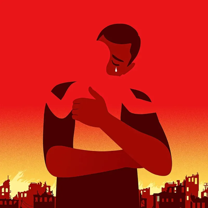 Graphic illustration of a man, crying, holding the empty silhouette of an infant, standing in front of burning buildings.. Illustration by Joey Guidone, Figurative, Conceptual, 