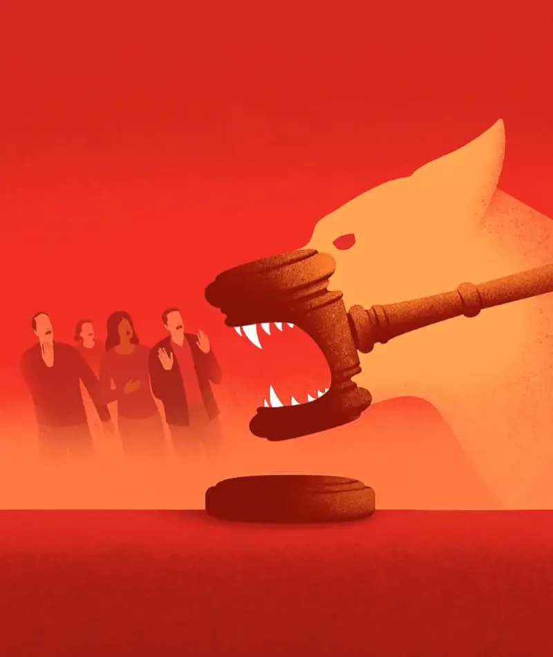 Illustration of a group of fearful people, cowering from a large wolf with a muzzle that is gavel-shaped, baring sharp teeth.. Illustration by Davide Bonazzi, Conceptual, 