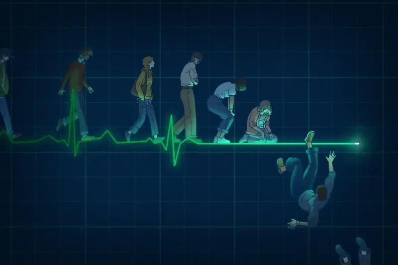 Illustration of a ECG with people walking along the heart line but then falling off as it flattened up.. Illustration by Hua Ye, Conceptual, Figurative, 
