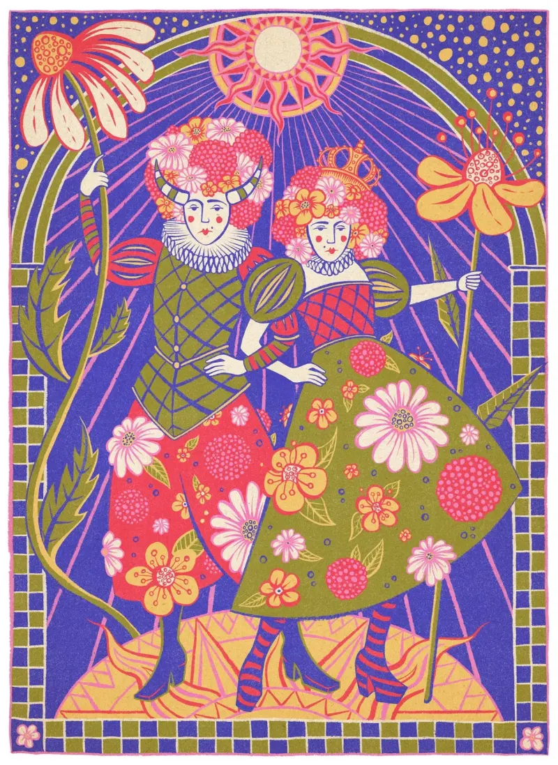 Illustration of two people dressed in medieval garb, festooned with flowers.. Illustration by Sue Gent, Decorative, Fantasy, Figurative, Whimsical, 