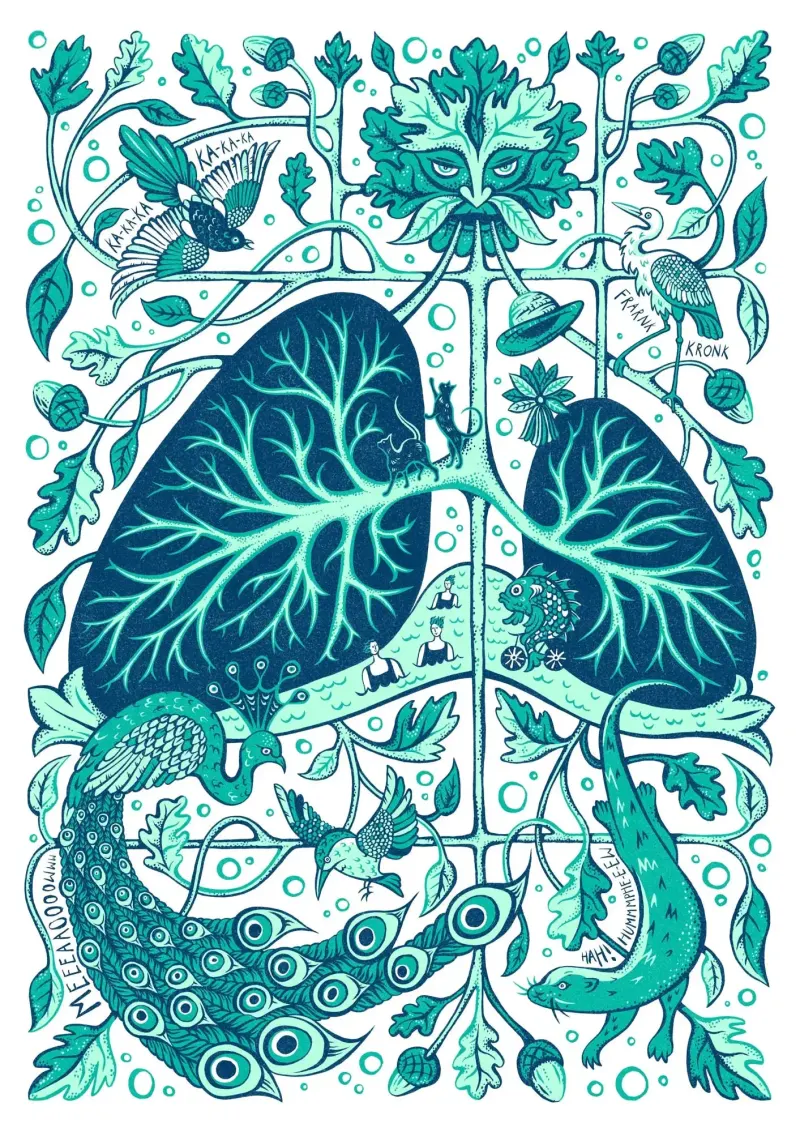 Highly decorative poster of a green man, breathing out lungs within a fantastical landscape.. Illustration by Sue Gent, Nature, Whimsical, Decorative, Fantasy, 