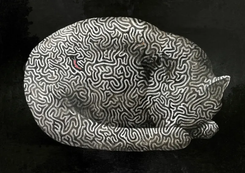 Illustration of a sleeping cat that is made out of a maze, and in the center is the silhouette of a man in red.. Illustration by Ofra Amit, Whimsical, Fantasy, 