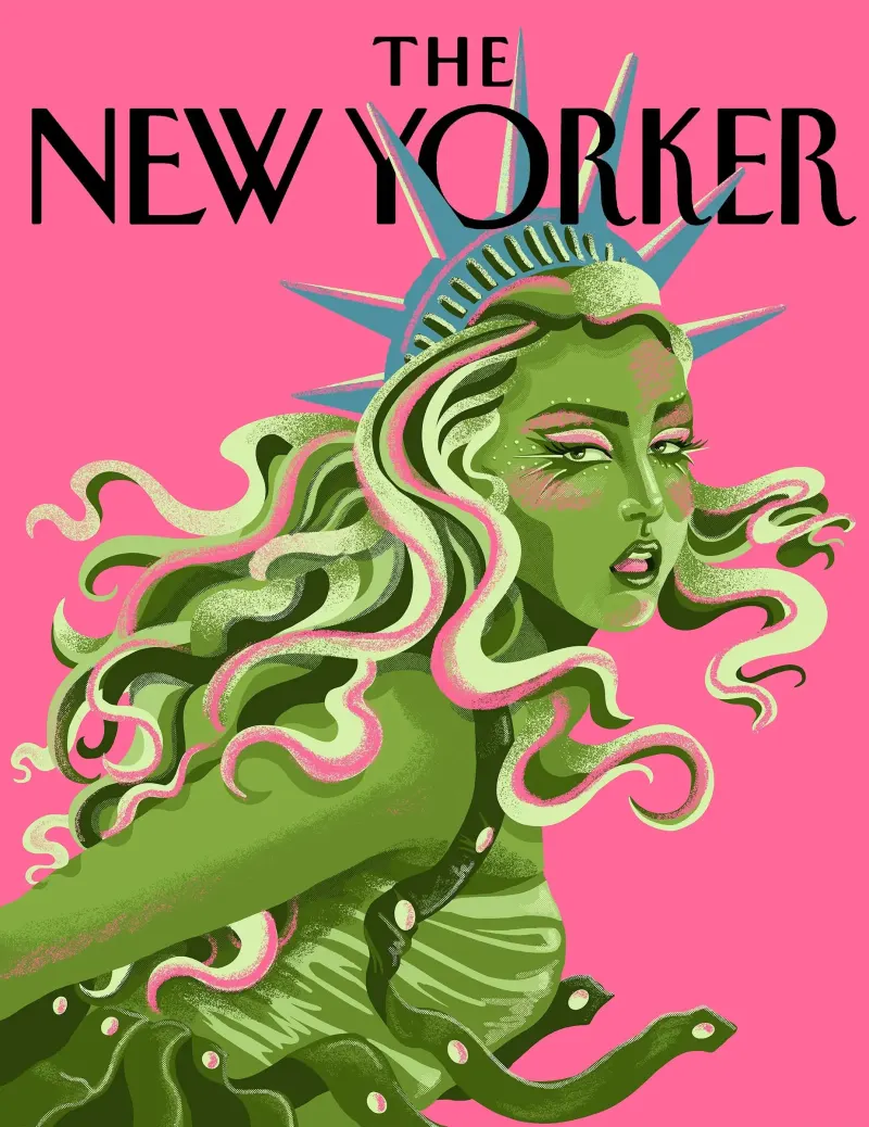 A New Yorker cover with Chappell Roan dressed as the Statue of Liberty. Illustration by Ella Geida, Portrait, 