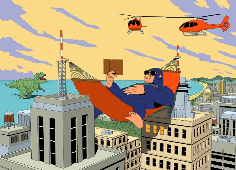 Graphic illustration of a cityscape with a giant gorilla laying on a hammock, stretched across two skyscrapers, while reading a book, in the distance helicopters hover head and a dinosaur is standing in the ocean.. Illustration by Arne Höpfner, Whimsical, Fantasy, 