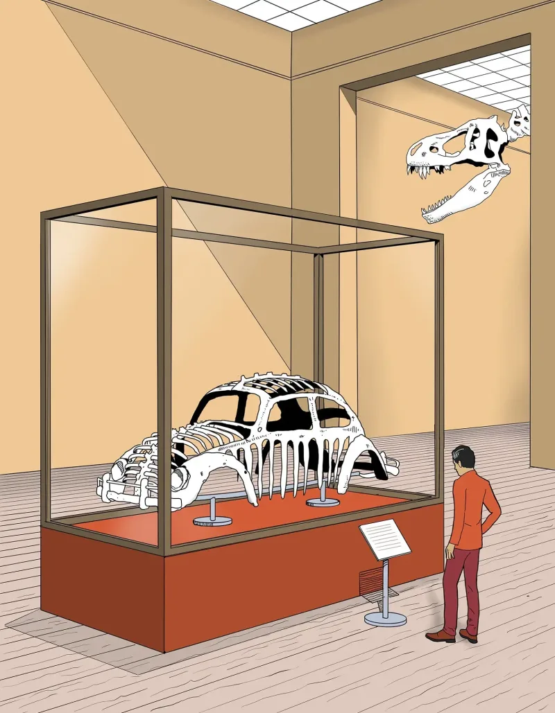Graphic illustration of a man in a natural history museum, looking at an exhibit of a skeleton shaped like a car.. Illustration by Arne Höpfner, Conceptual, Whimsical, 