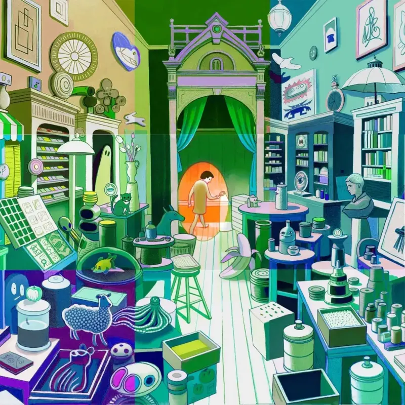 Illustration of a person in a room cluttered with random objects, looking through an illuminated magnifying glass. Illustration by  Genresun, Lifestyle, Figurative, Conceptual, 