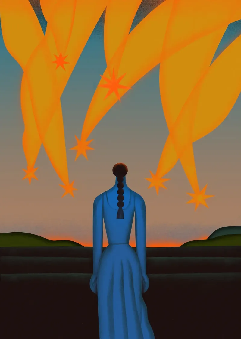 Somber illustration of a woman in blue, watching yellow falling stars in the distant horizon.. Illustration by Tania Yakunova, Conceptual, 