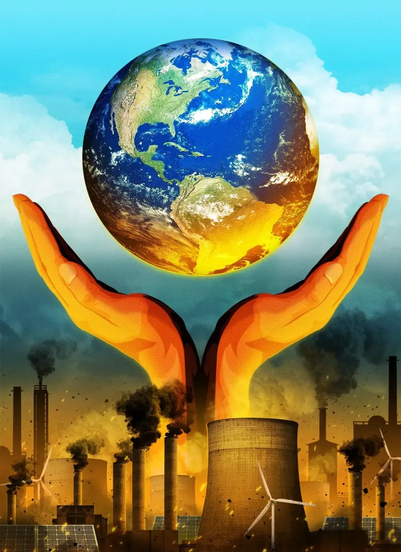 Illustration of a pair of hands coming out of a bunch of smoke stacks, while the earth hovers above.. Illustration by Taylor Callery, Conceptual, 