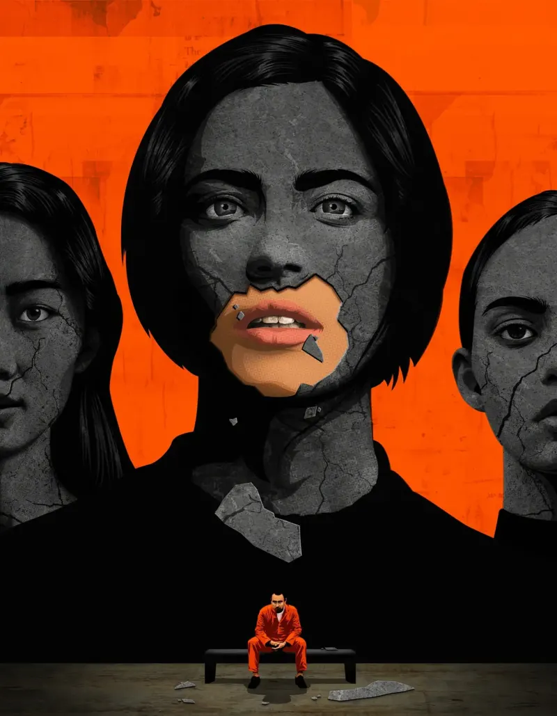 Graphic illustration of abuser Larry Nasser in the foreground, in prison garb, sitting on a bench and behind him are looming images of women on a gray wall, with the plaster falling off and showing their mouths in full-color.. Illustration by Taylor Callery, Conceptual, Portrait, Figurative, 