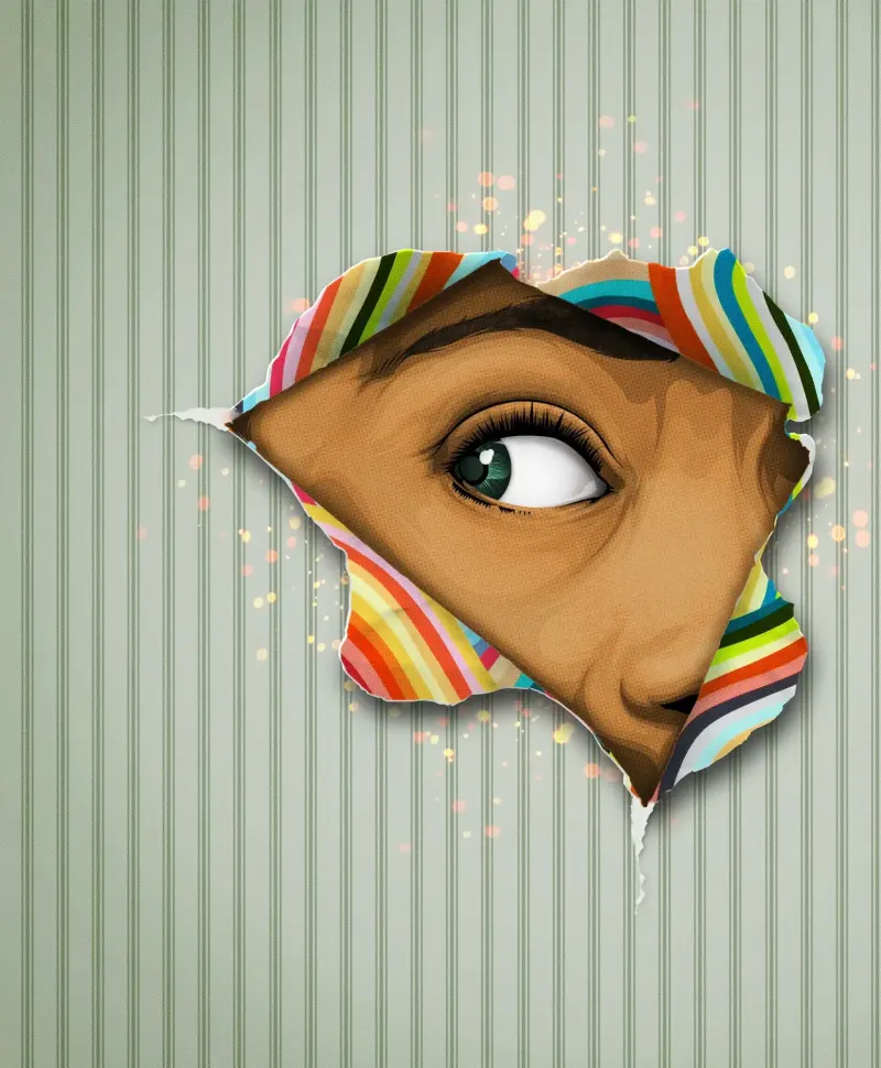 Trompe-l'œil illustration of a gray-striped piece of paper that is torn open and a person’s face peering through.. Illustration by Taylor Callery, Conceptual, Whimsical, 