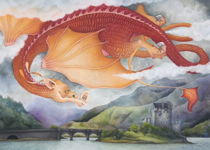 Illustration of a red dragon flying over an old castle.. Illustration by Kate Leiper, Fantasy, Whimsical, Children, 