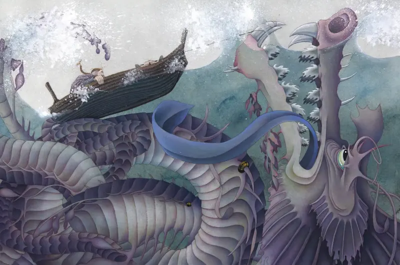 Illustration of mythic creature, Jormungundr. Illustration by Kate Leiper, Fantasy, Children, 