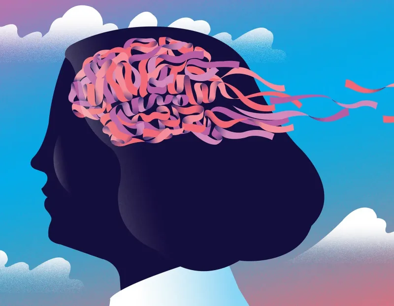 Illustration of a woman with ribbons where her brain would be and some of the ribbons are being blown away.. Illustration by Neil Webb, Conceptual, 