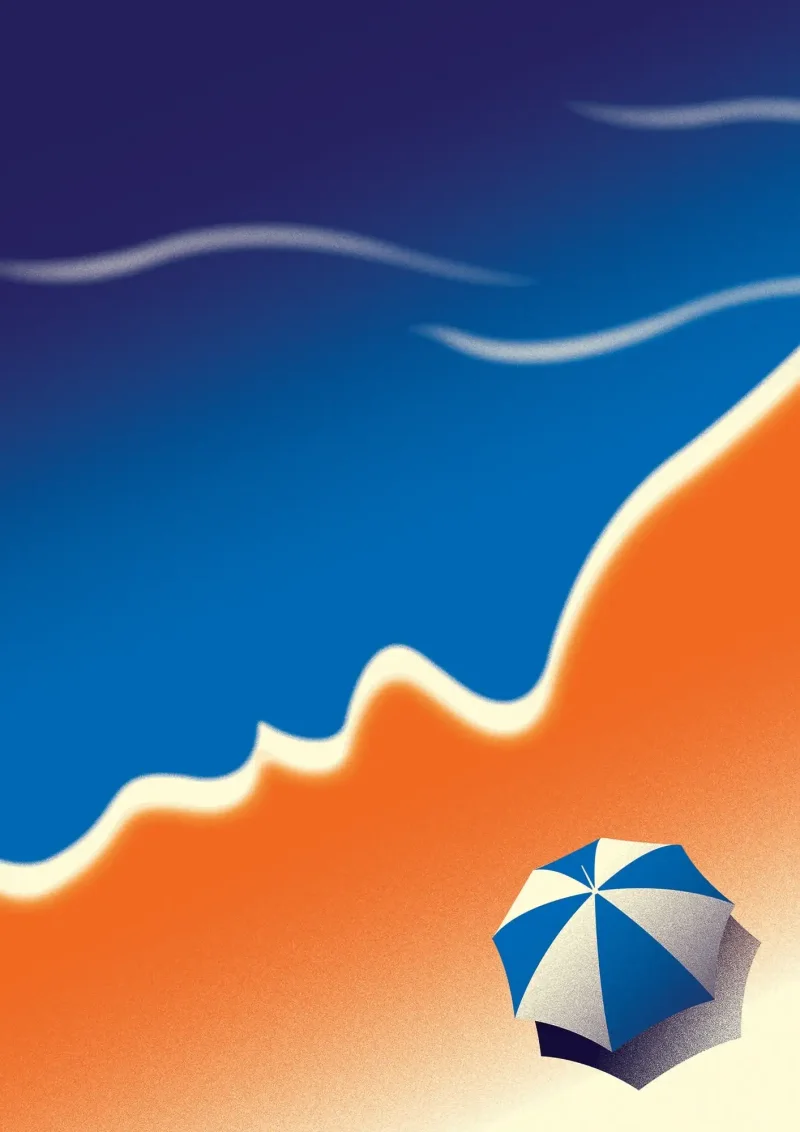 Illustration of a beach with an umbrella in the sand, but the shape of the water is a profile of a face.. Illustration by Neil Webb, Conceptual, 
