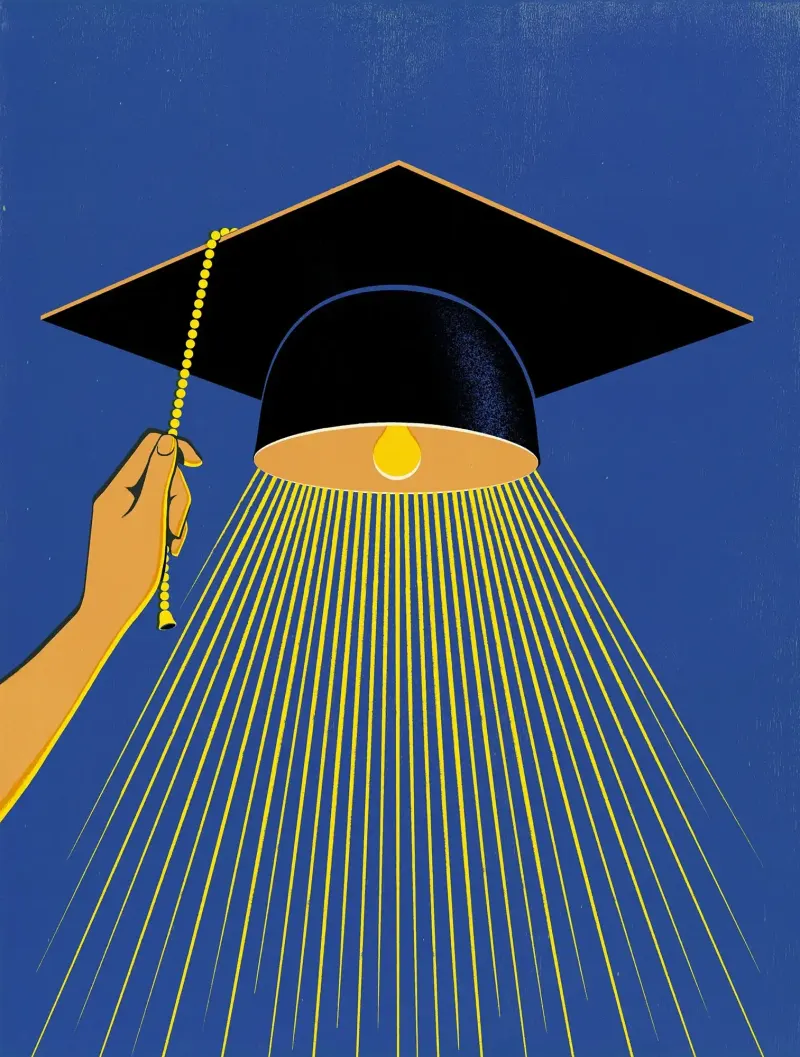Graphic illustration of a mortarboard with someone pulling a chain as if it was a light fixture.. Illustration by Dan Bejar, Conceptual, 