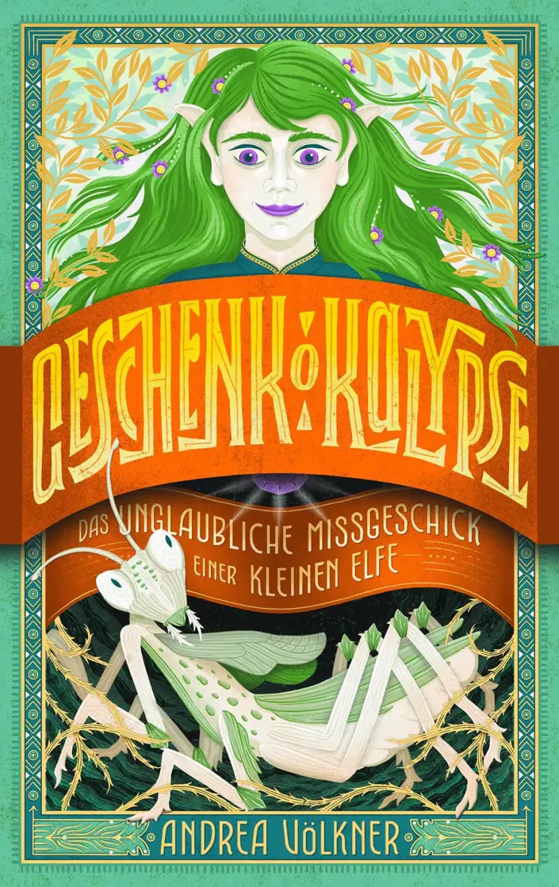 Illustrated book cover of Geschenk-o-kalypse.. Illustration by Frieda Ruh, Letter/Maps/Icons, Fantasy, Decorative, 