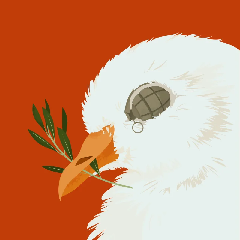 Illustration of a white dove holding an olive branch in its beak, but its eye is in the shape of a grenade.. Illustration by Ester Zirilli, Conceptual, 