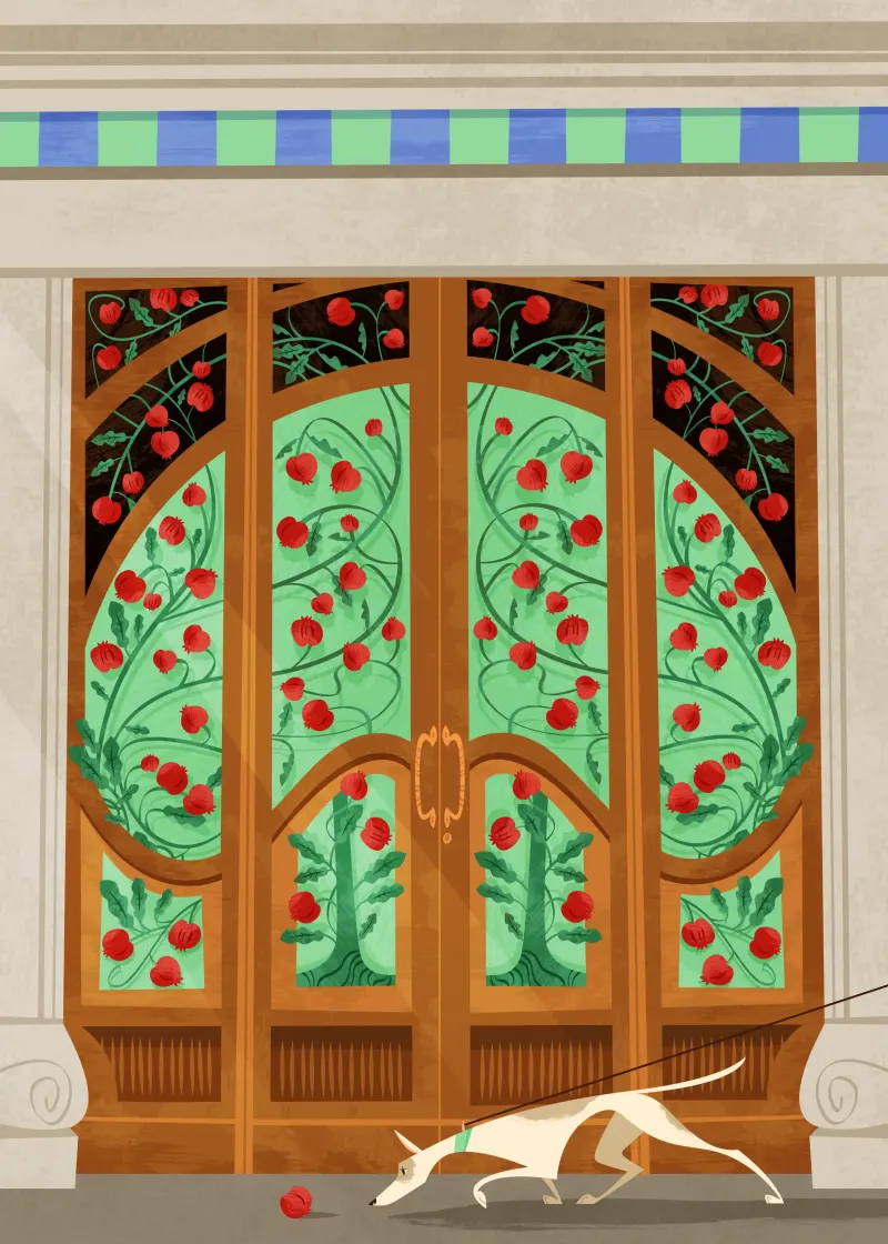 Illustration of an elaborate set of doors decorated with pomegranates and a dog walking on the sidewalk is sniffing at an actual pomegranate on the ground.. Illustration by Ester Zirilli, Lifestyle, Whimsical, 