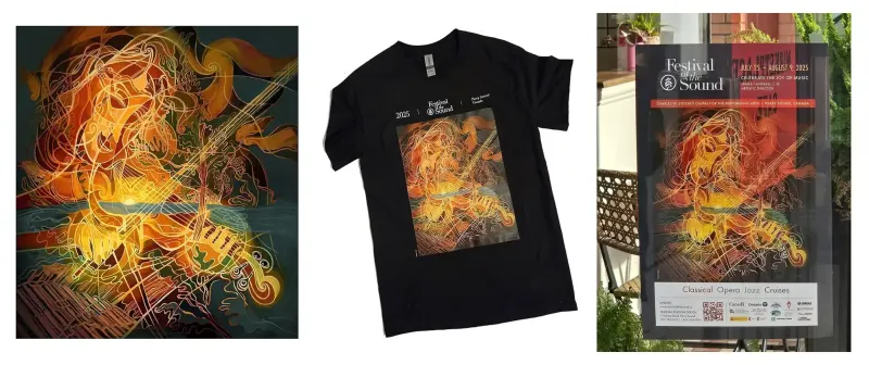 Decorative illustration of a person playing a violin, shown on a poster and a t-shirt.. Illustration by Anson Liaw, Decorative, Figurative, 