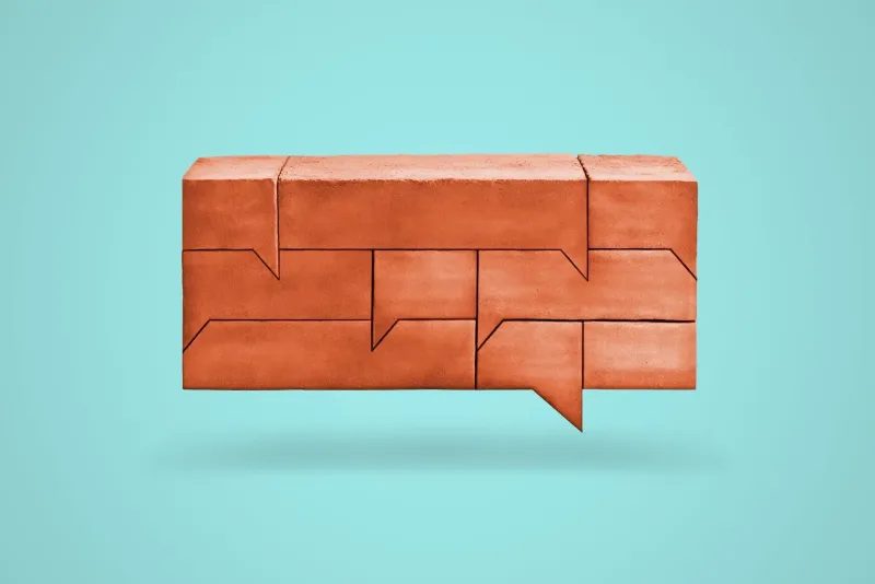 Graphic illustration of a bunch of brinks shaped like a talk bubble.. Illustration by Mariaelena Caputi, Conceptual, Whimsical, 