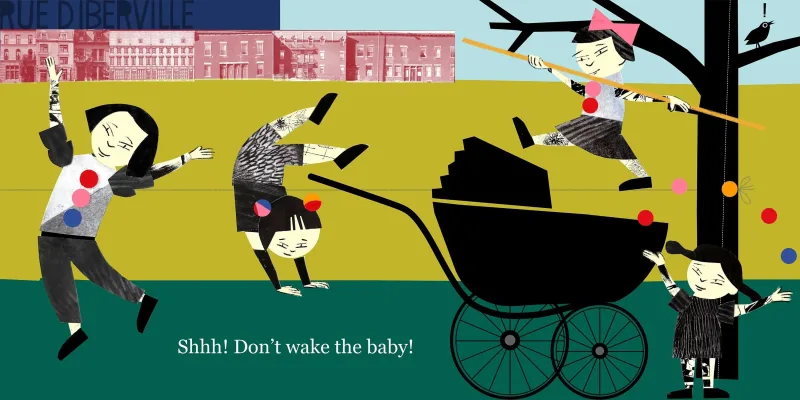 Illustration of 4 Asian girls playing outside and bouncing around a baby stroller. It says “Shhh! Don’t wake the baby!”. Illustration by Julien Chung, Children, Whimsical, Figurative, 