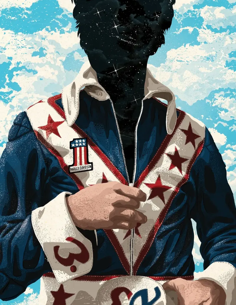 Illustration of Evel Knievel, zipping up his jumpsuit, but his face has been replaced by stars and galaxies.. Illustration by Mark Smith, Conceptual, Portrait, Figurative, 