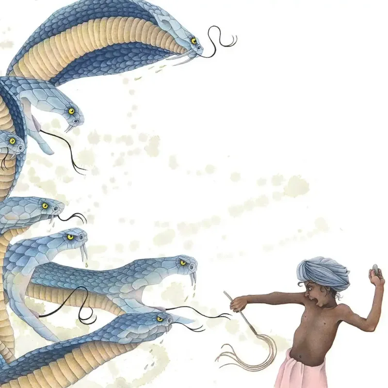 Illustration of Kaliya Naag fighting Little Krishna. Illustration by Kate Leiper, Fantasy, Children, 