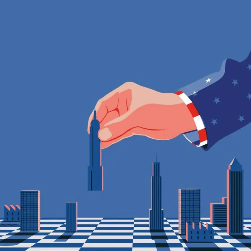 Graphic illustration of an arm wearing clothes decorated with the stars and stripes, reaching over a chess board that is populated with skyscrapers and factories, picking up one building.. Illustration by Federico Gastaldi, Conceptual, Business, 