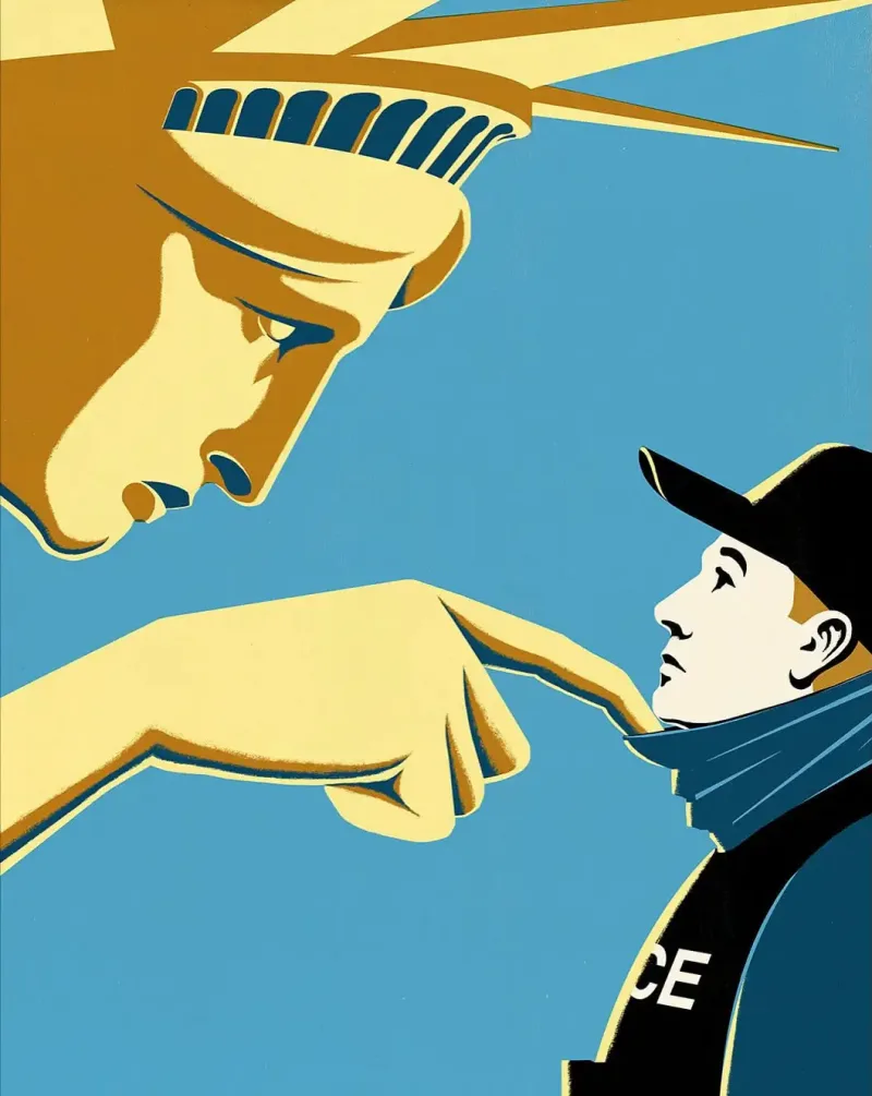 Graphic illustration of the Statue of Liberty bending down and pulling the mask off an ICE agent.. Illustration by Dan Bejar, Conceptual, 