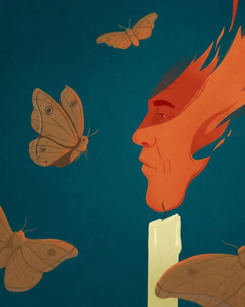 Illustration of a group of moths flying around a candle with a large flame that is the face of Jeffrey Epstein. Illustration by Elia Sampò, Conceptual, Portrait, 