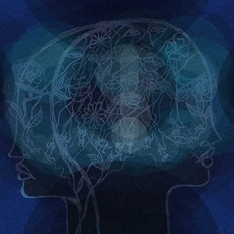 Dark illustration of two heads looking away from each other, with flowers, faces , and people overlapping, creating a complex composition.. Illustration by Anson Liaw, Conceptual, Decorative, Figurative, 