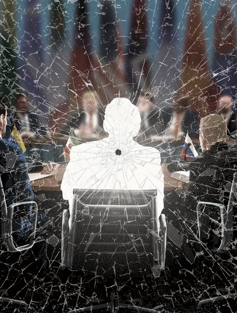 Illustration of a group of government officials sitting at a table, behind a panel of glass that is shattered by a bullet, one of them is erased. Illustration by Mark Smith, Conceptual, Figurative, 