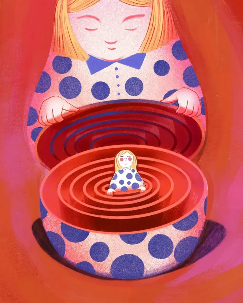 Illustration of a large nesting doll, holding itself open showing a smaller nesting doll. Illustration by Luisa Jung, Conceptual, Whimsical, 