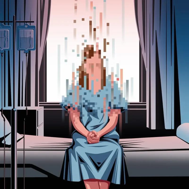 Illustration of a patient sitting in a hospital bed and their top half of their body is pixelated and being pulled up into the air.. Illustration by Stephan Schmitz, Conceptual, Figurative, 