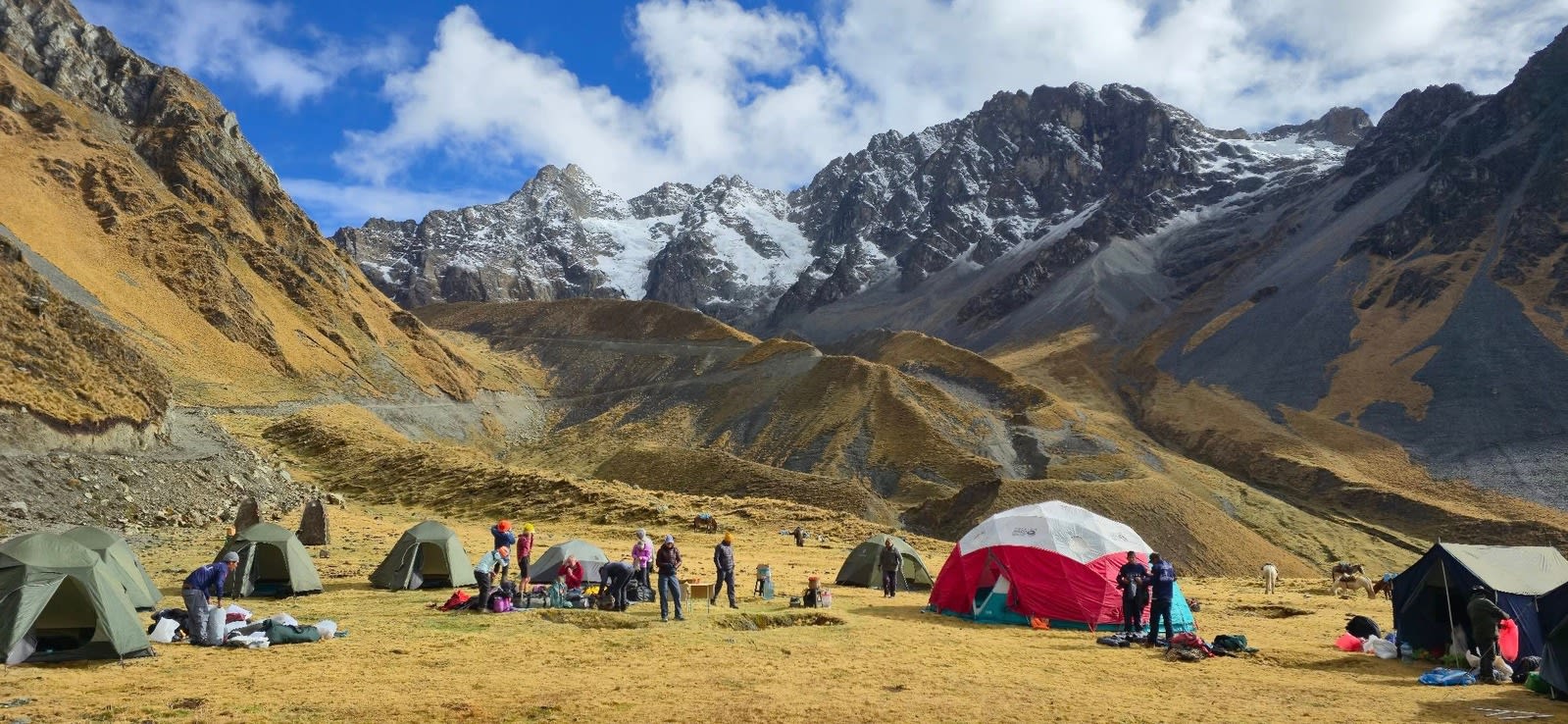 Andean mountain camp beneath snow-capped peaks