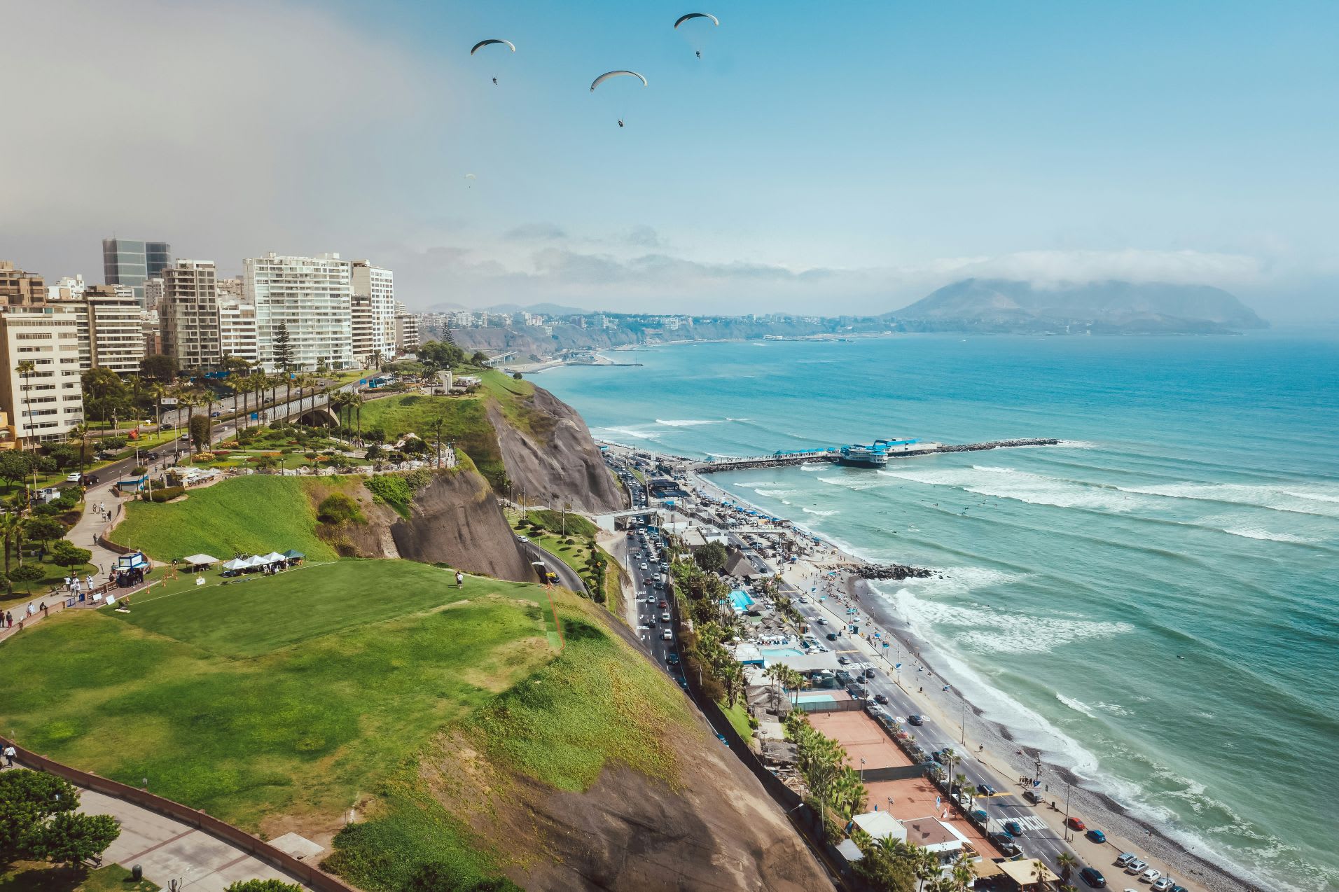 Costa Verde coastline and Lima skyline above the Pacific Ocean