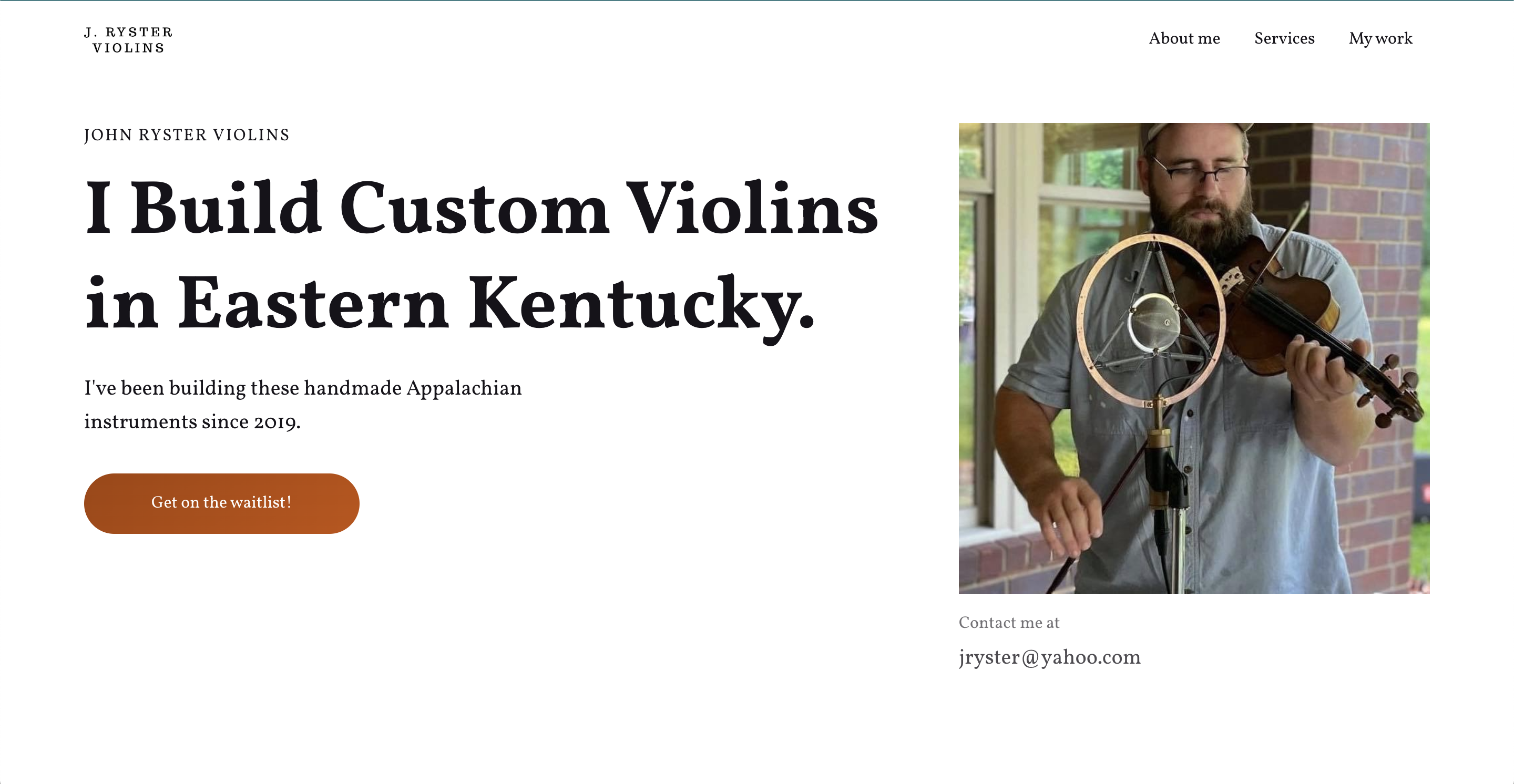 Screenshot of the J Ryster Violins website hero section.