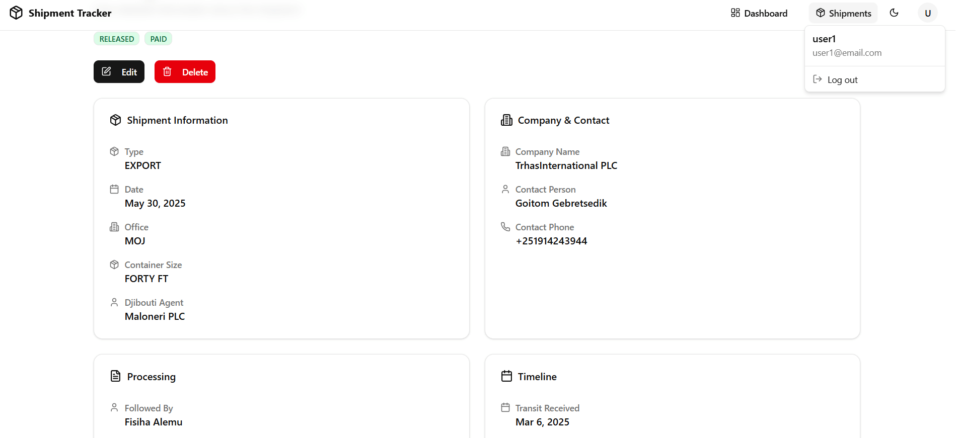 Shipment Details Page